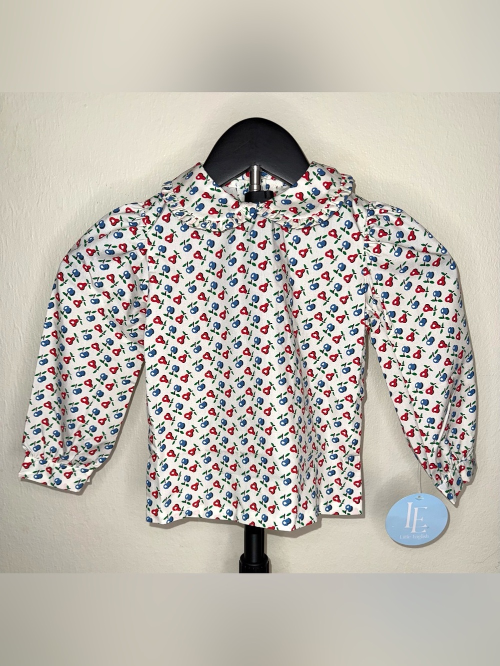 Little English Girls White Cherry Print Long Sleeve Peter Pan Collar, sz 3T NWT